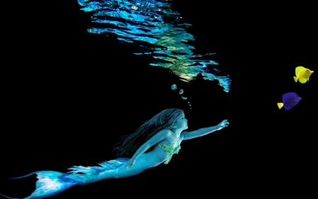 Little mermaid - girl, background, water, fantasy, black, underwater, blue, mermaid, fish, sea