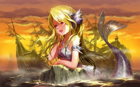 Mermaid - tail, ship, yellow, anime, girl, manga, mermaid, orange, sea