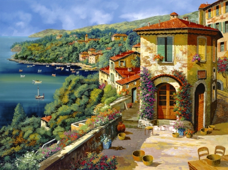 Il villaggio sulla costa - pretty, summer, coast, flowers, shore, view, nice, art, breeze, house, trees, beautiful, sea, lovely, village, painting, waves, cottages