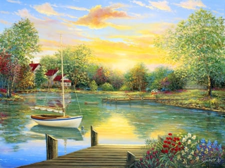 Sailboat in the bay - quiet, amazing, boat, reflection, calmness, flowers, shore, lake, art, cottage, sky, house, trees, beautiful, lovely, dock, pier, river, nature, sailboat, painting, serenity, bay