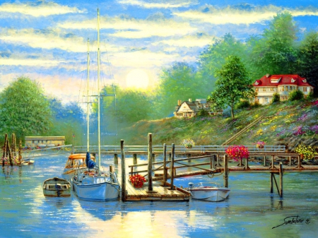 Boats docked at sunset - nice, slope, sky, dock, greenery, sunset, painting, art, reflection, river, lake, houses, landscape, boats, vilalge, lovely, pier, beautiful