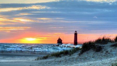 wonderful lighthouse at sunset - surf, sunset, lighthouse, beach, sea, wanes, pier