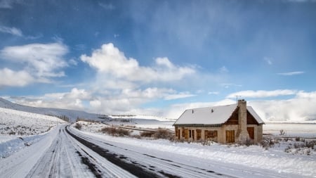 abandoned brick house along a road in winter - house, winter, road, bricks