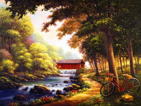 The covered bridge - nice, trees, peaceful, creek, calm, painting, art, quiet, pretty, river, bridge, bicycle, lovely, serenity, nature, covered, forest, beautiful, flowers