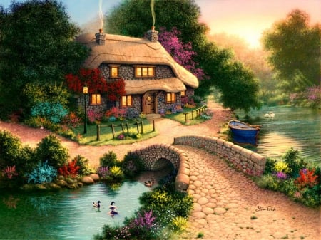 Bridge cottage - nice, cottage, paradise, peaceful, creek, painting, quiet, art, calmness, pretty, river, house, bridge, boat, lovely, serenity, village, ducks, beautiful, flowers