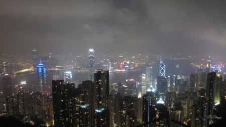 Hong Kong - dark, fog, city, night, hong kong, foggy, lights, mist