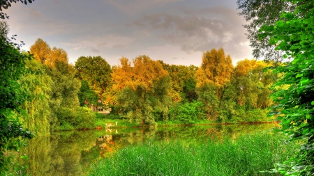 picturesque lake near hamburg germany hdr - lake, people, trees, house, hdr, grass