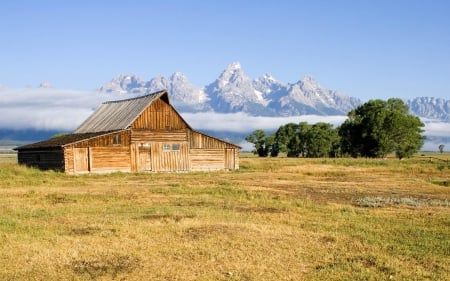 home on the range - art, home on the range, old barn, wallpaper, mountains, tetons