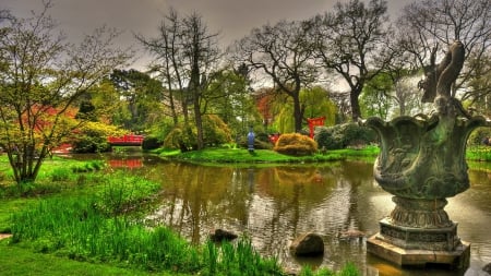 beautiful japanese garden in germany hdr - statues, hdr, oriental, pond, bridge, gaeden