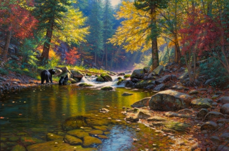 Seasons of Life - young, bears, trees, colors, old, rocks, creek