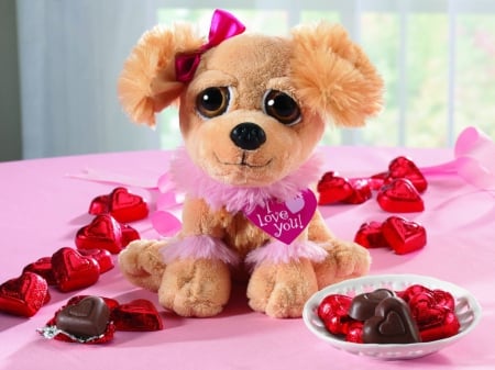 ♥♥Valentine Puppy♥♥ - dog, toy puppy, chocolates, toy dog, Valentines Day, Valentine, ribbon, puppy, bow, dish, Valentines, hearts, candy