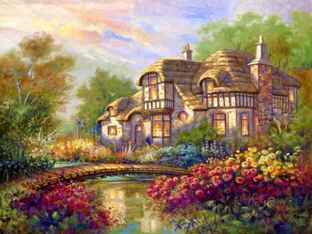 Springtime - cottage, sky, freshness, trees, flowering, colorful, countryside, greenery, spring, painting, art, rural, blossoms, manor, house, pond, bridge, garden, blooming, lake, springtime, lovely, village, beautiful, flowers