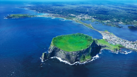 Sunrise Peak, Jeju Island - cone, ocean, korea, cityscape, seongsan ilchulbong, crater