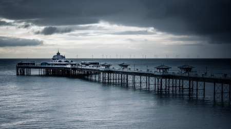 wonderful ilandudno oier in wales - pier, clouds, grotos, sea, gray