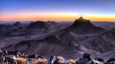 barren black hills - hills, twilight, rocks, black