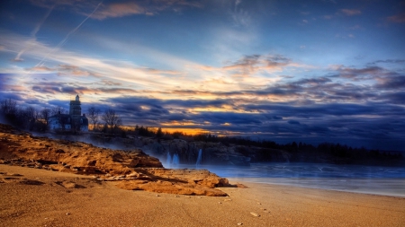 lighthouse on cliffs hdr - waterfalls, sunset, lighthouse, beach, cliff, hdr