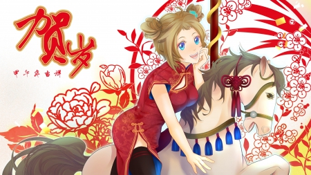 The Year of The Horse - flowers, anime, red dress, horse, chinese new year, aizawa inori, chinese dress