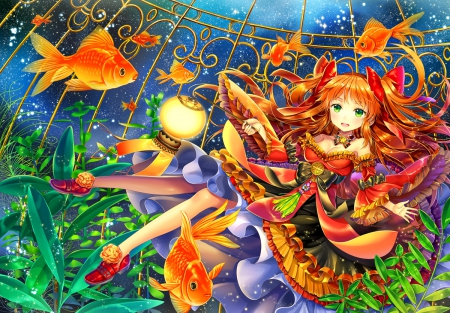 Welcome To The Aquarium - bows, sky, girl, aquarium, long hair, colorful, plants, gold, green eyes, choker, floating, orange hair, beautiful, fish, anime, dress