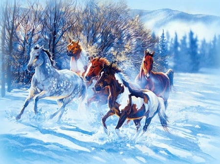 â˜…Snow Flies Winterâ˜… - animals, winter, run, horses, holidays, love four seasons, snow, beautiful, family, colors, paintings