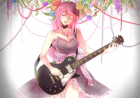 Megurine's Lullaby - guitar, ribbons, long hair, pink hair, necklace, colorful, instrument, bow, pretty, vocaloid, megurine luka, anime, flowers, dress