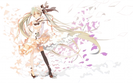 Look At Me Now - pretty, vocaloid, anime, dress, long hair, papers, ponytails, ribbons, bows, hatsune miku