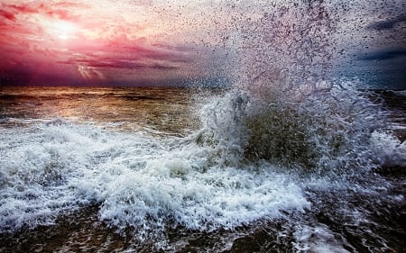 Sunset on a Wave - water, sunset, splash, rocks