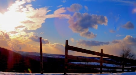 Follow the fence to Home - nature, sky, fence, clouds, winter, field, sunset