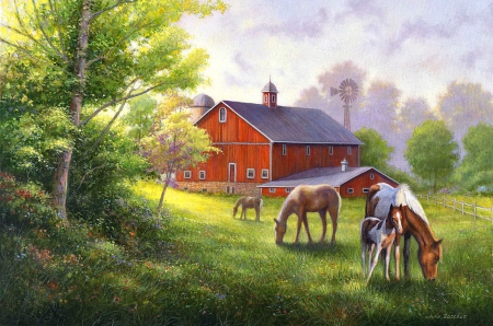 Horse barn - farn, trees, beautiful, grass, meadow, flowers, horses, painting, barn, lvoely, field, art, sky