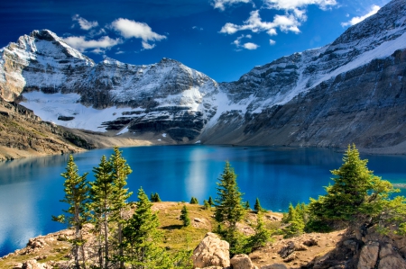 Circuit Canada, Yoho National Park - blue, landscape, reflection, crystal, mountain, shore, Canada, cliffs, lake, nice, sky, clouds, national park, beautiful, mirrored, circuit, lovely, clear, rocks