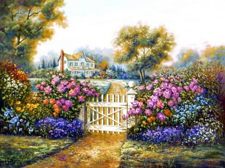 Treasure of fragrance - cottage, trees, fragrance, peaceful, spring, painting, art, manor, house, scent, garden, fence, treasure, lovely, copuntryside, village, beautiful, flowers