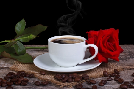 *Special Morning Valentine's Day* - grains, red rose, coffee, lovely, saucer, flower, pink, valentine, cup