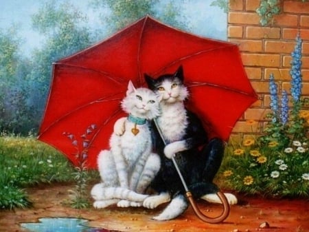 Red Umbrella - house, black, white, garden, artwork, cats, pair