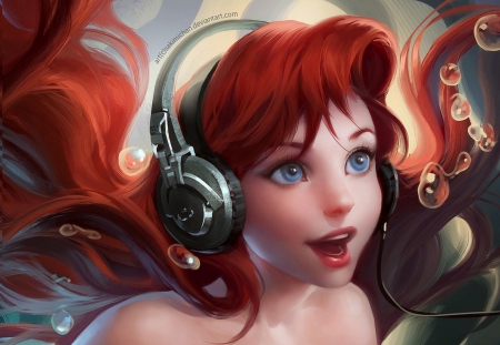 Girl with Headphone - pretty, headphone, beautiful, girl, lovely, cg, music, fantasy, redhead, awesome, digital, woman, face, art, wallpaper