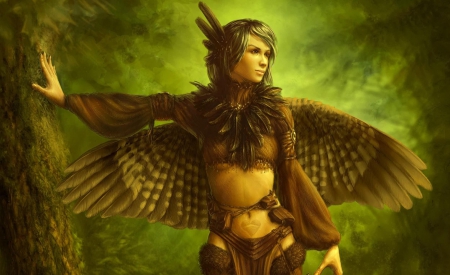 Featherling - wallpaper, digital, beautiful, feathers, girl, art, cg, fantasy, female, woman, angel, green