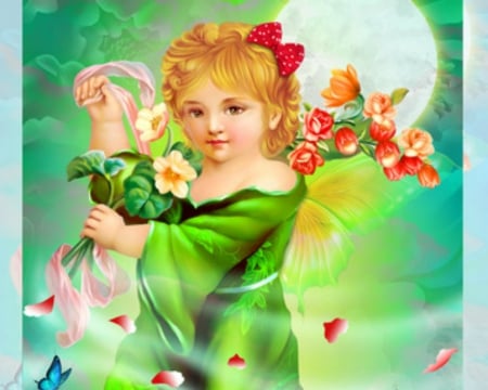 Beautiful child - flowers, art, green, chil