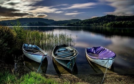 Boats - nature, sky, lake, landscape, clouds, water