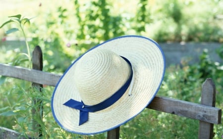 White hat in blue ribbon - ribbon, hat, white, fench