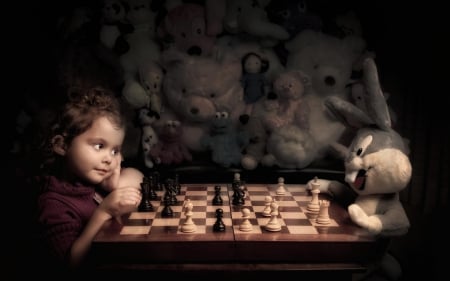 Playing chess - play, funny, girl, chess, situation, toy, bunny, child