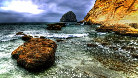 superb rocky seashore hdr - cliff, shore, hdr, sea, waves, rocks