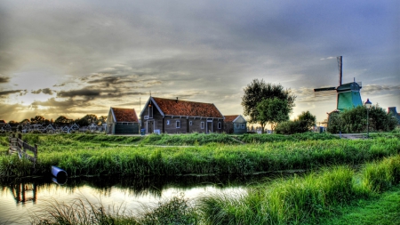 windmill in a town along a creek hdr - town, creek, hdr, grass, windmill