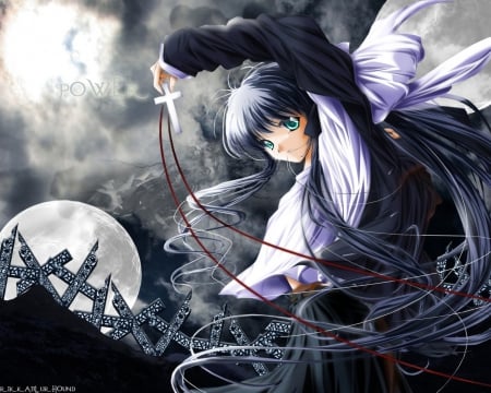 âœž~Æ¤ÏƒÏ‰É›Ñ~âœž - brave, wonderful, cross, white top, dark, anime, cute, moon, adorable, girl, long hair, night, lovely, power, green eyes, cloudy, courageous, beautiful, fog, sweet