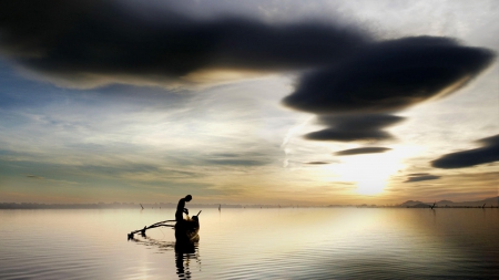 fisherman tending his nets on a lake - clouds, fisherman, boat, sunrise, lake