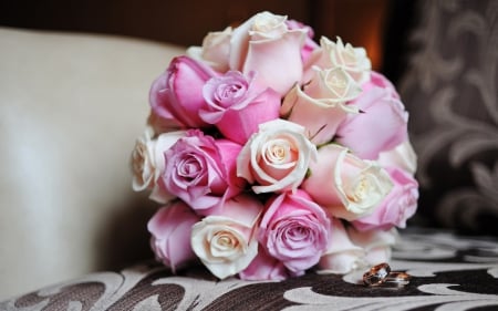 ✿Pink Pastel✿ - wedding bride, beautiful, pink roses, rings, lovely, bouquet, rose-colored, nature, soft, pastel