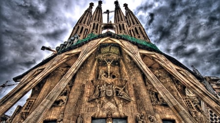 Gaudi's sagrada familia church in barcelona hdr - spires, construction, clouds, church, hdr