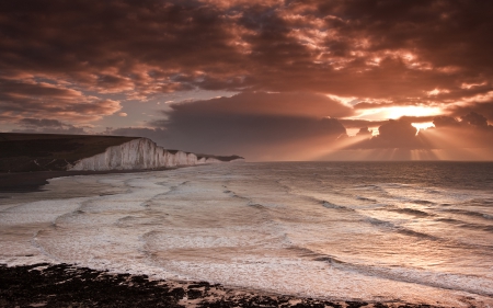 glorious sunbeams over seacoast - clouds, sun, beams, sea, coast, cliffs, waves