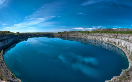 beautiful blue pond in an old quarry - quarry, bloe, pond, rocks