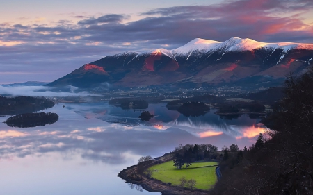 beautiful lake at the foot of a mountain range - lake, mountains, clouds, village, sunset