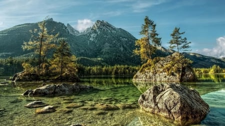 rocks in a crystal clear lake hdr - trees, clear, hdr, lake, mountain, rocks