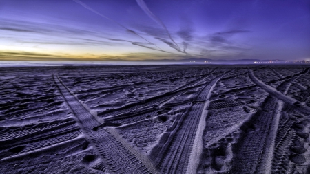 tire tracks on a purple beach at dusk hdr - tracks, purple, beach, lights, hdr, sea, dusk