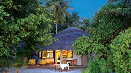 gorgeous resort bugalow in velavaru maldives - palms, sand, dusk, lights, bungalow